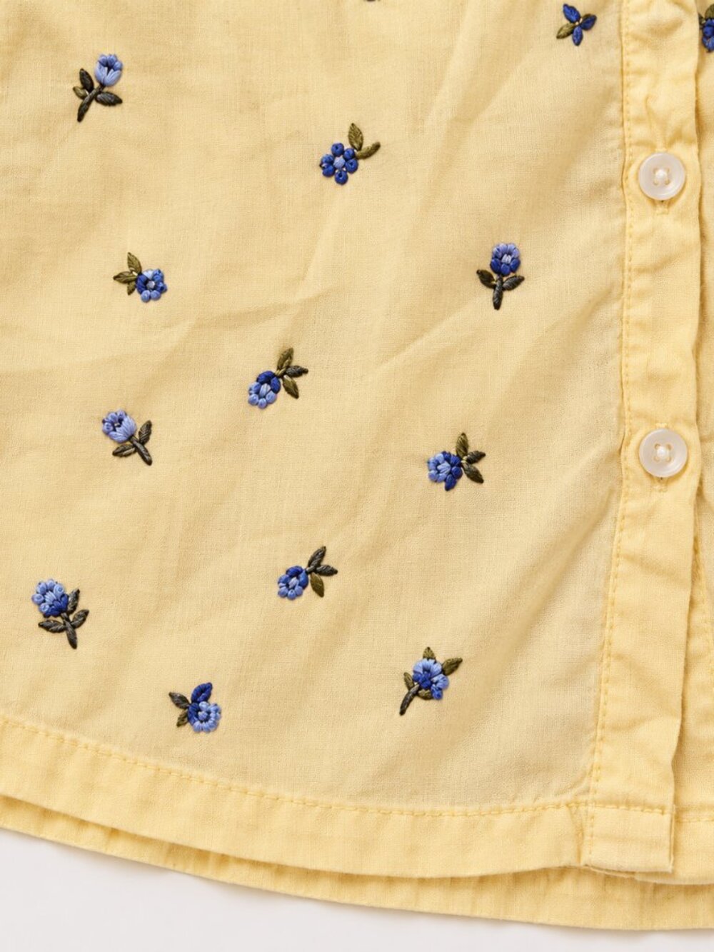 Pale Yellow Blue Floral Embroidered Cotton Shirt